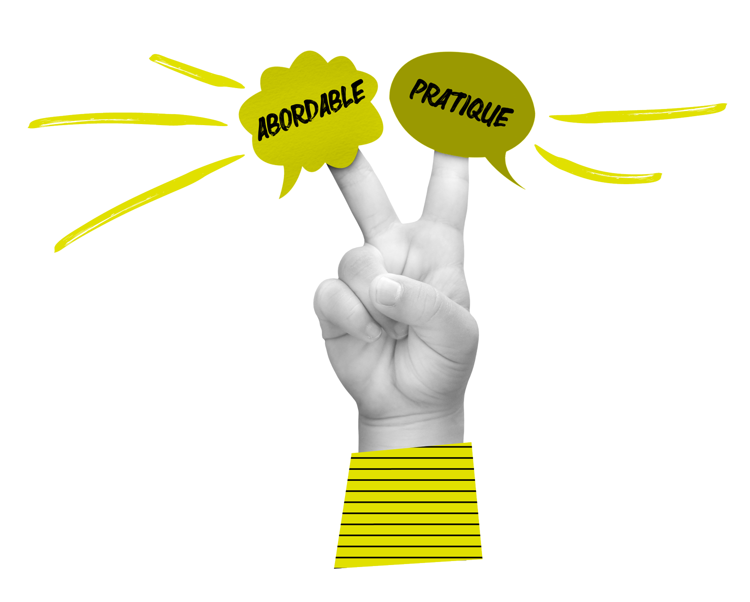 Main faisant un signe de paix avec les mots «abordable» et «pratique» collés sur chaque doigt